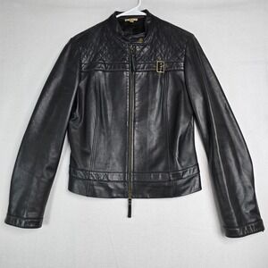 Cache Black Genuine Leather Quilted Moto Jacket Buckle Detail Zip Front Women 12